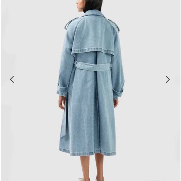 Belle Bloom Jacket Large Trench Skies Stylish Light Blue Denim Coat Belted Chic - Picture 5 of 16